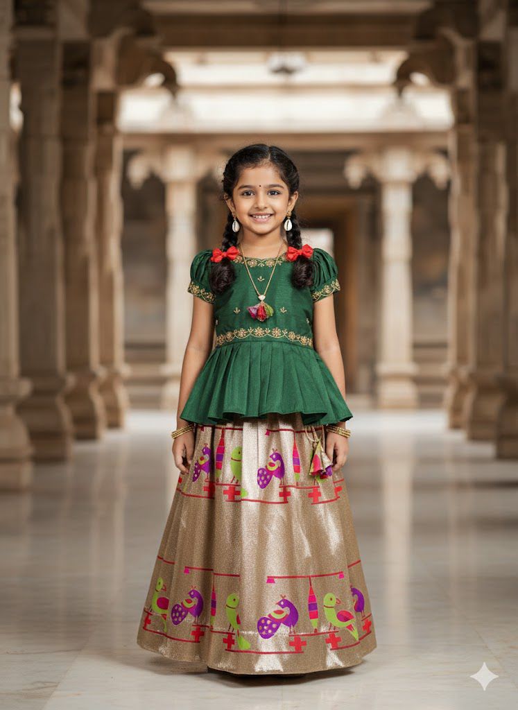 Dark green top and skirt with colorful patterns standing in an architectural setting.