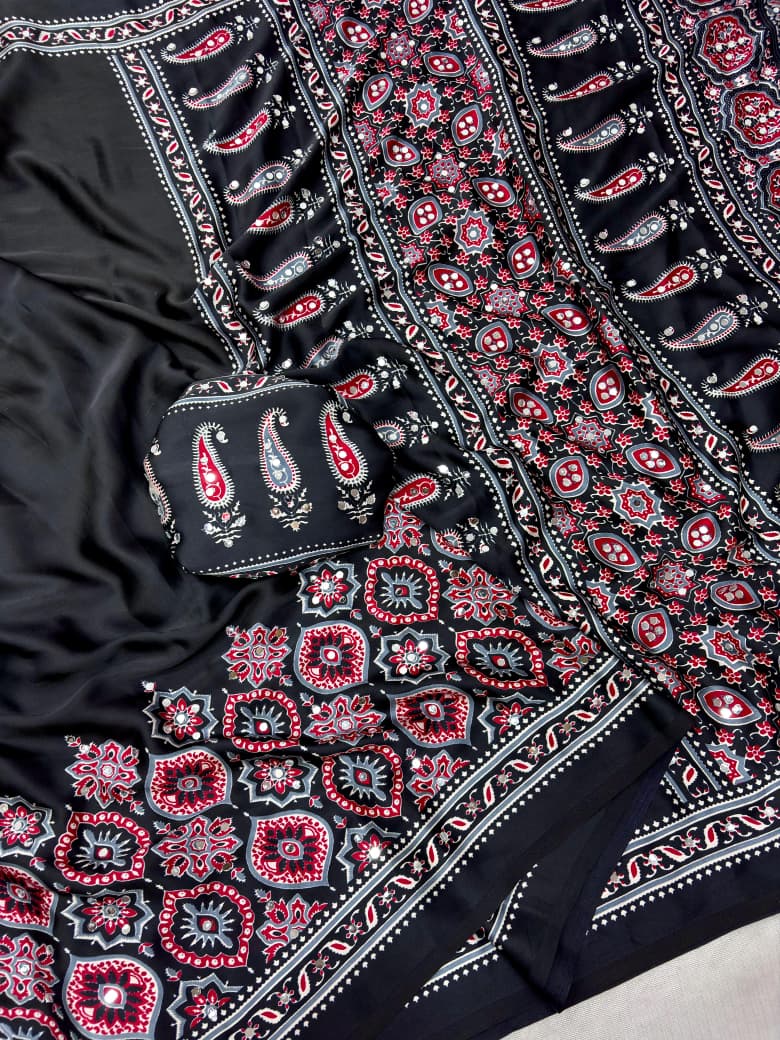 Black fabric with intricate patterns 