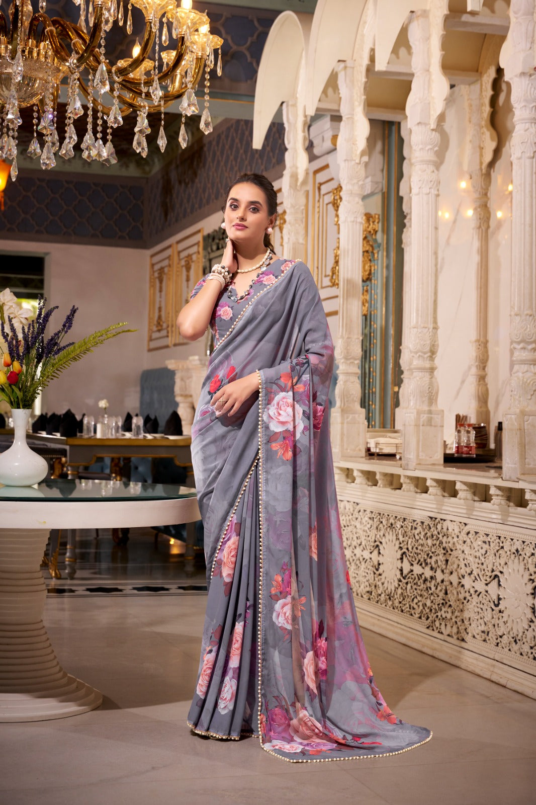 Gray floral saree 