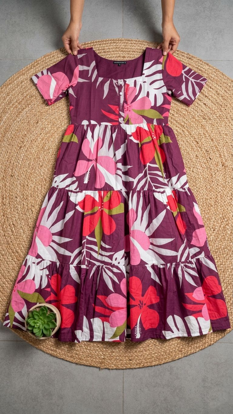 Wine colour frock with some floral patterns