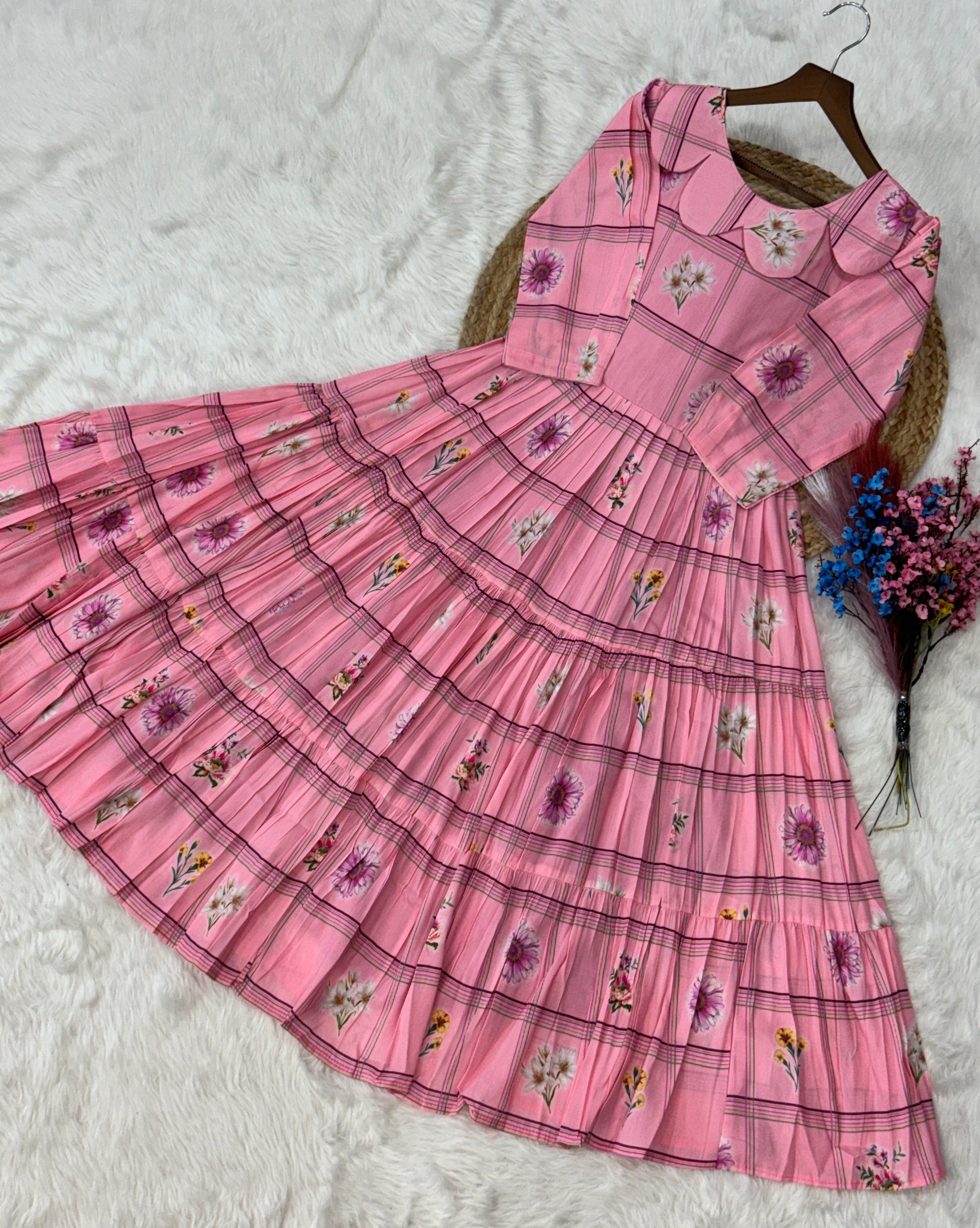 Pink frock with floral patterns 