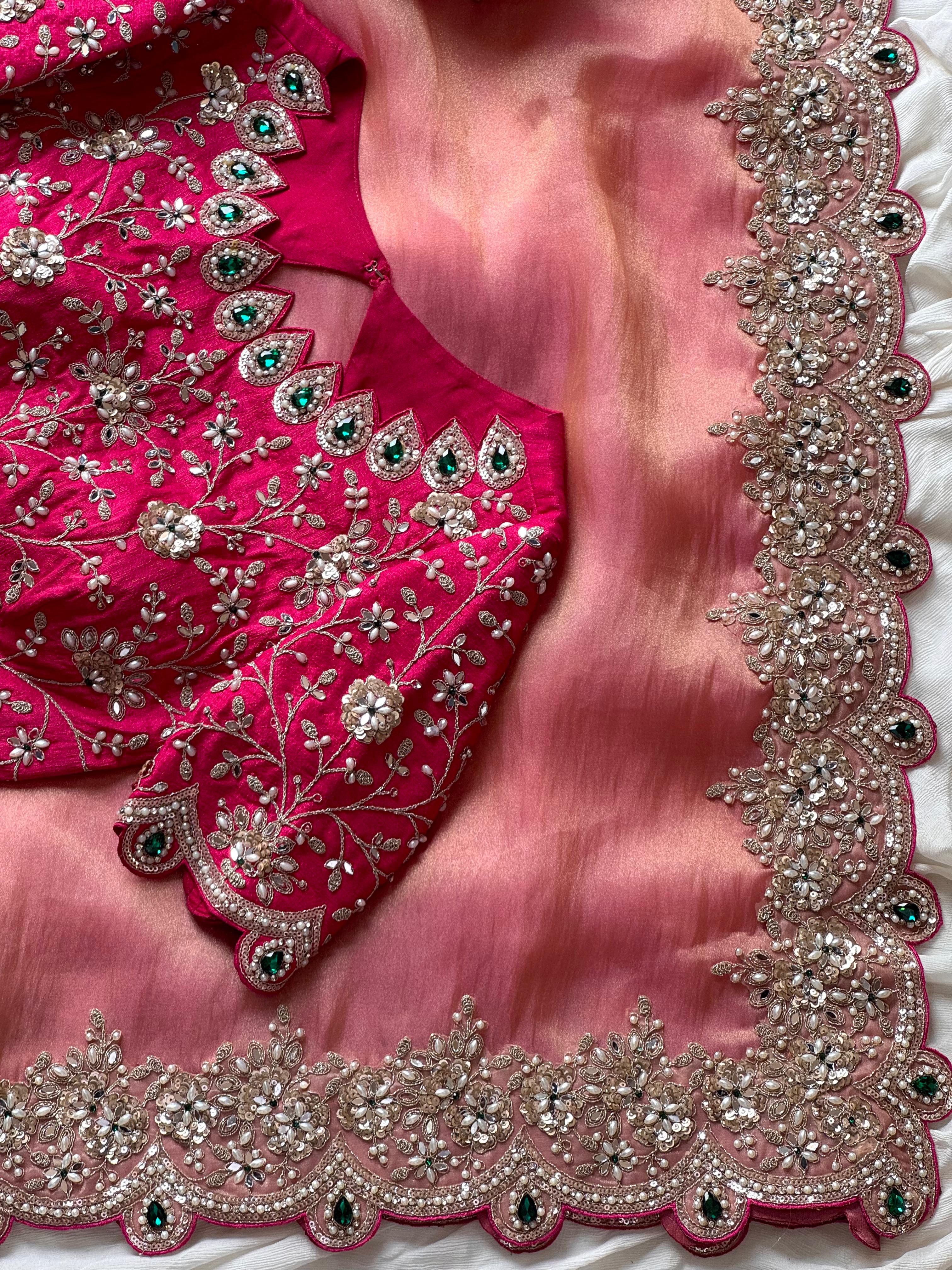 Onion Pink fabric with intricate silver and green beadwork