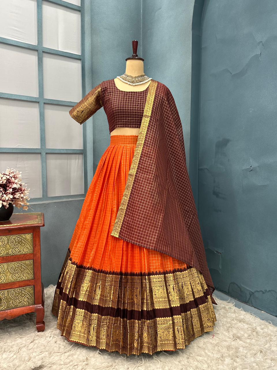 Traditional Brown and Orange lehanga with blouse 