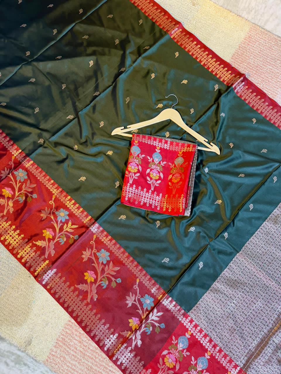 Dark Green and red patterned fabric with a hanger and small box on top