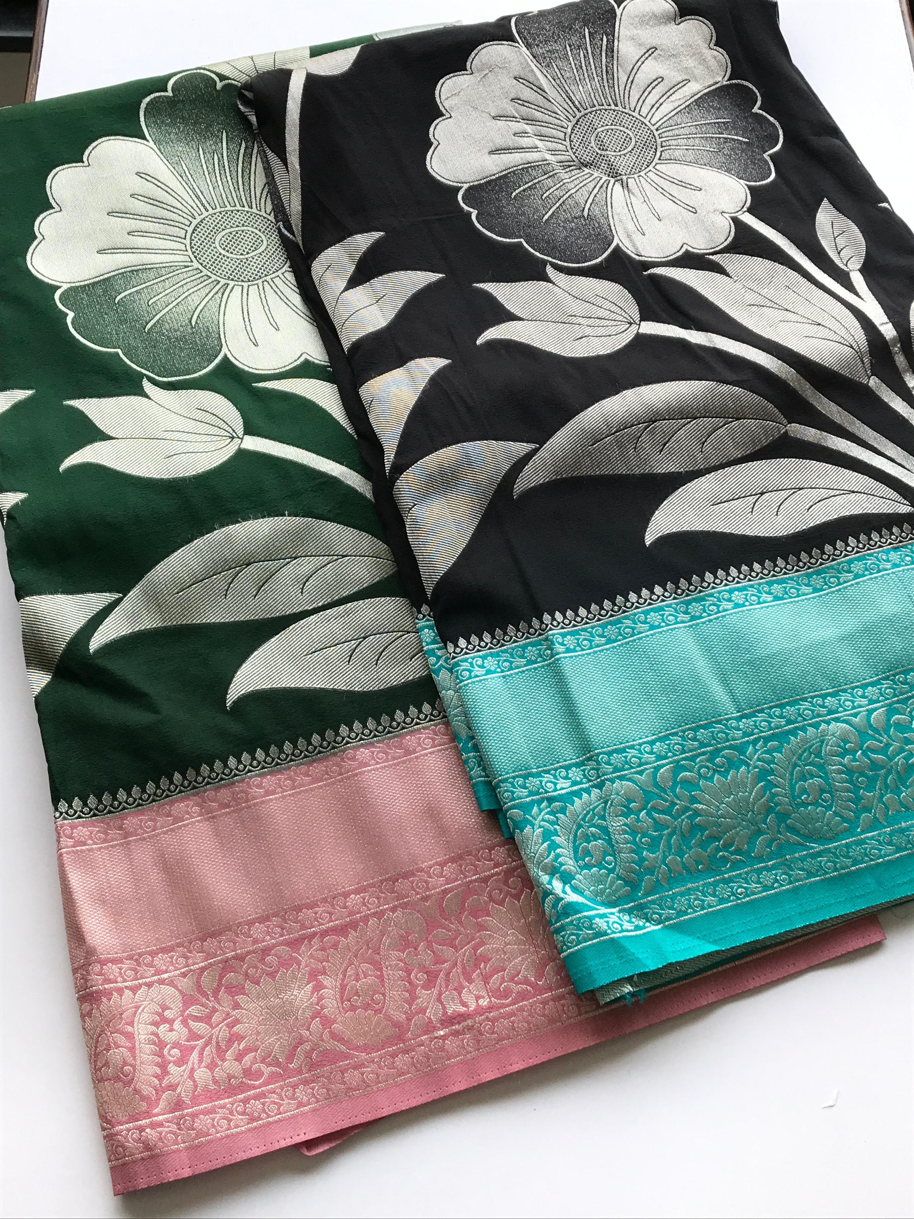 Black and bottle Green sarees with floral-pattern