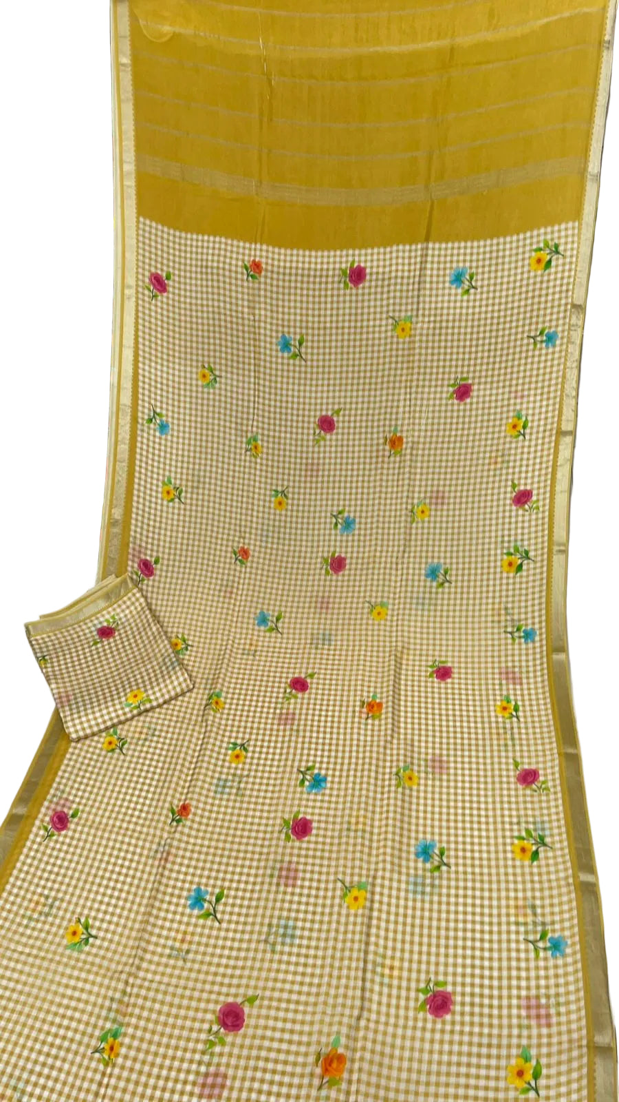 Yellow 1 colour Mangalagiri checks and floral saree