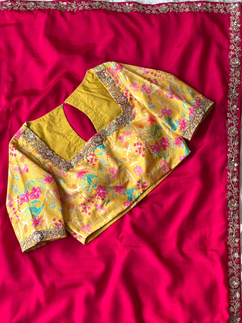 Pink saree  with yellow blouse 