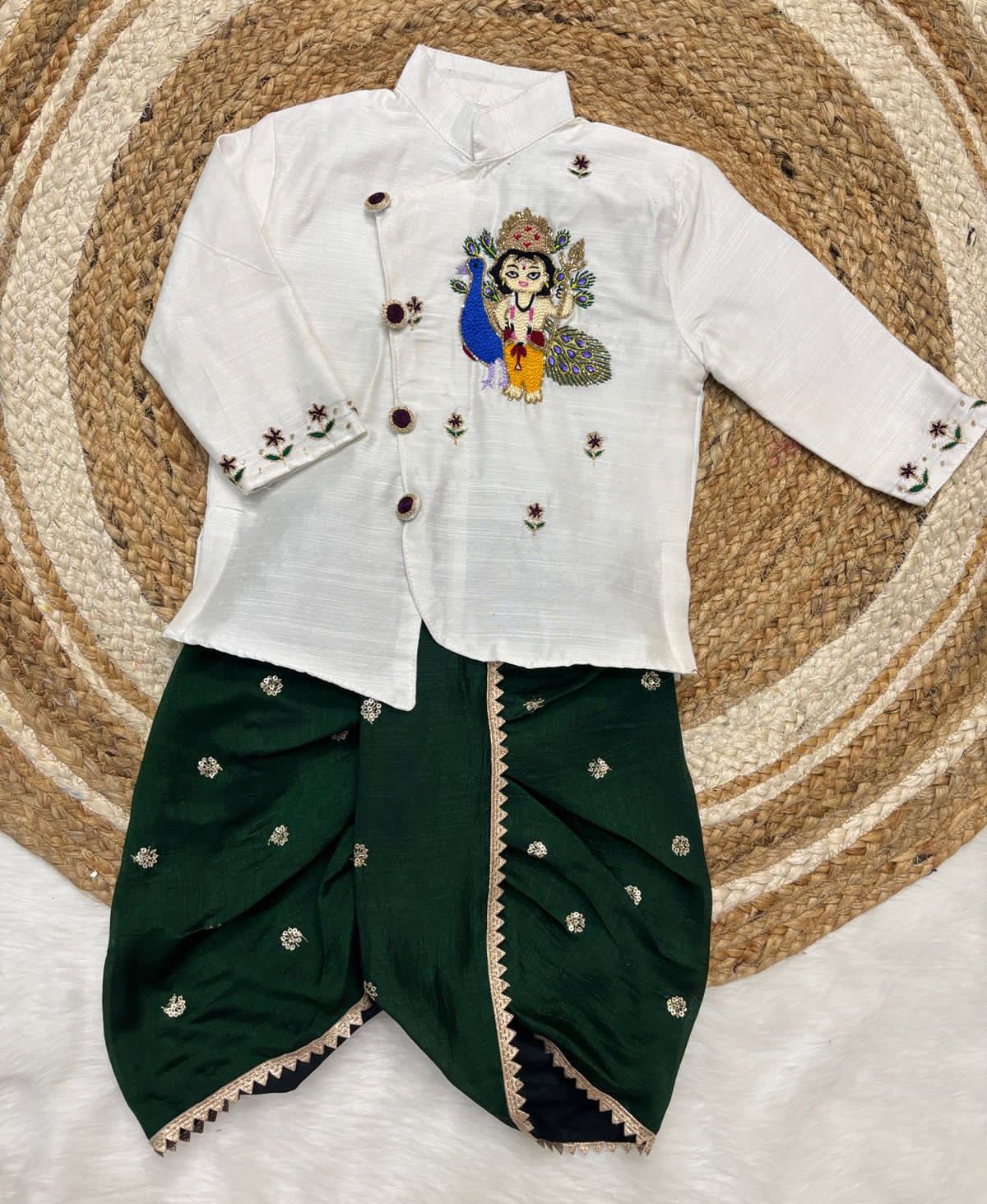 White and bottle Green dhoti set 