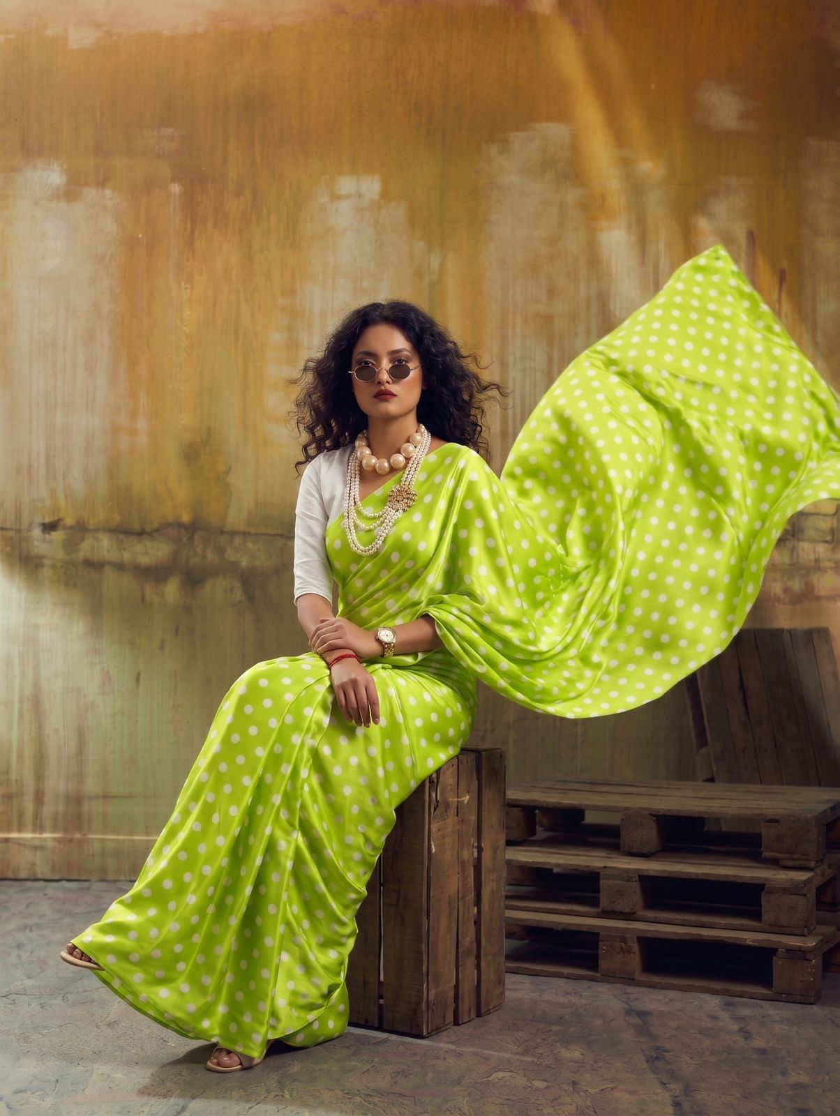 Parrot green saree with polka dots