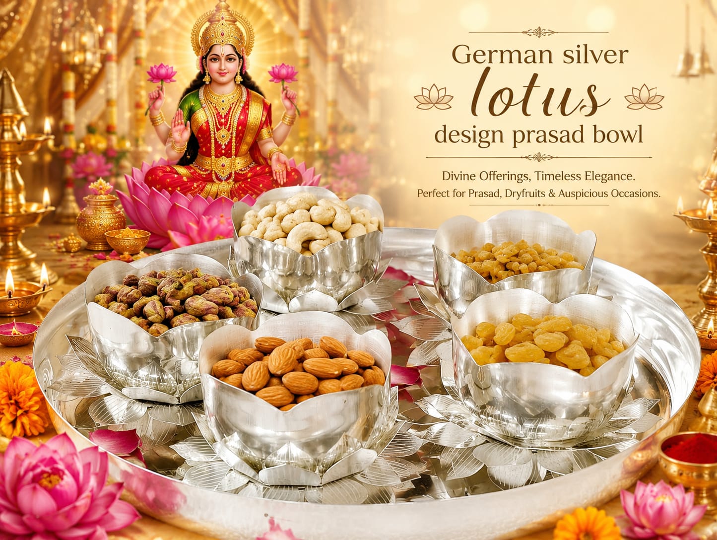 German silver 5 piece lotus prasad bowl thali set