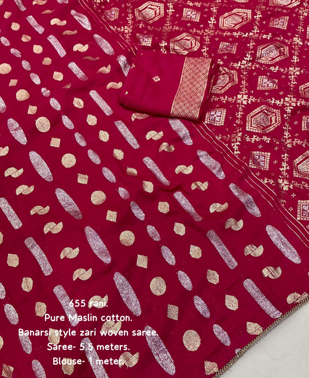 Pink saree with gold patterns on a white background
