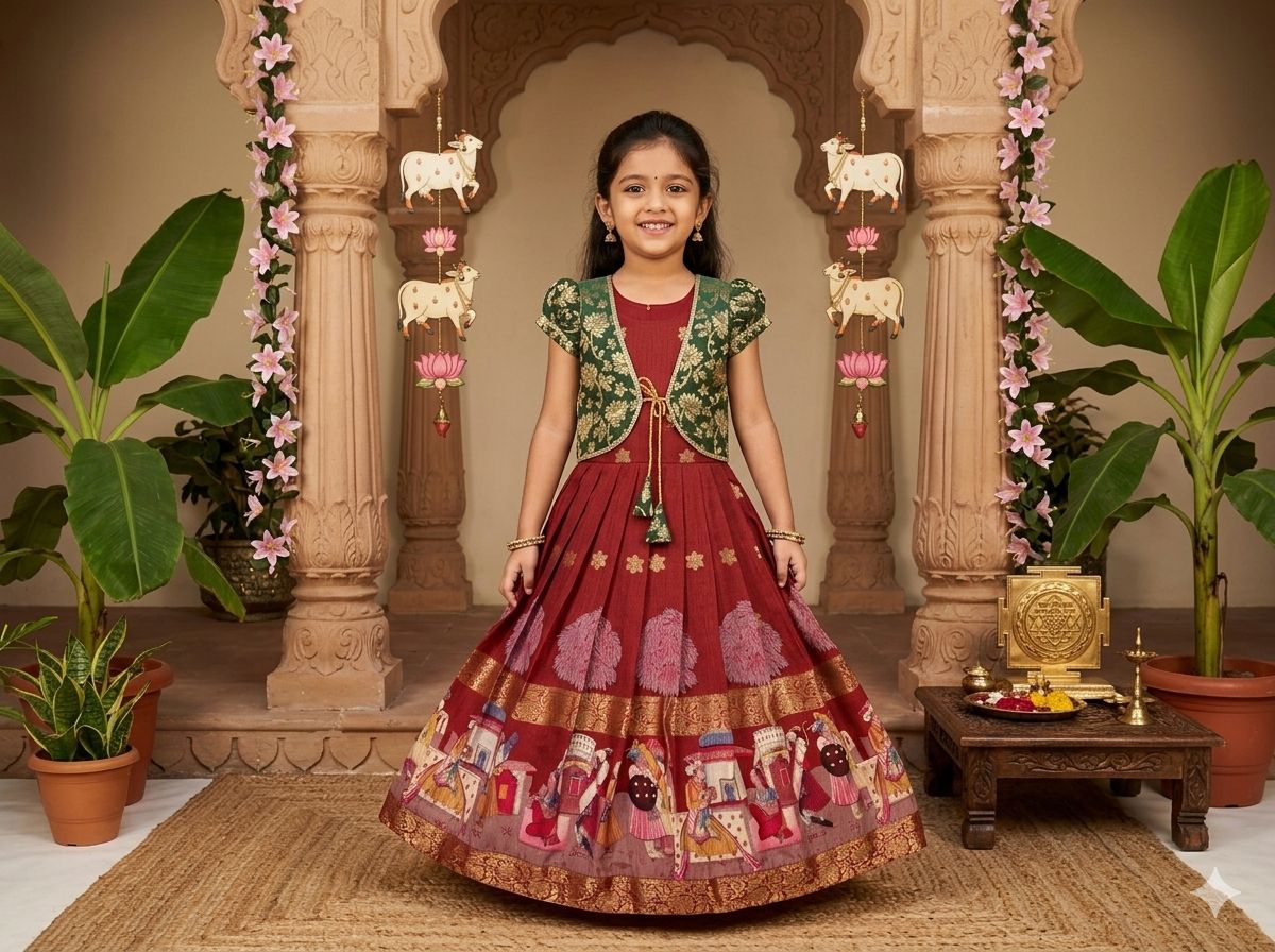 Young girl in a maroon traditional outfit standing in a decorated room with plants and decorative items.