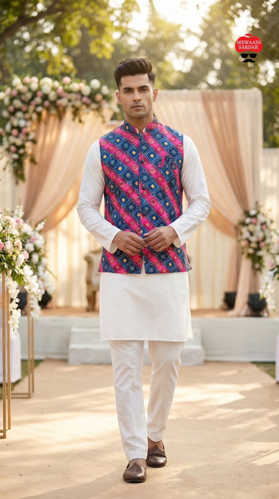 Man wearing a pink and blue traditional outfit with a colorful vest in an outdoor setting with floral decorations.