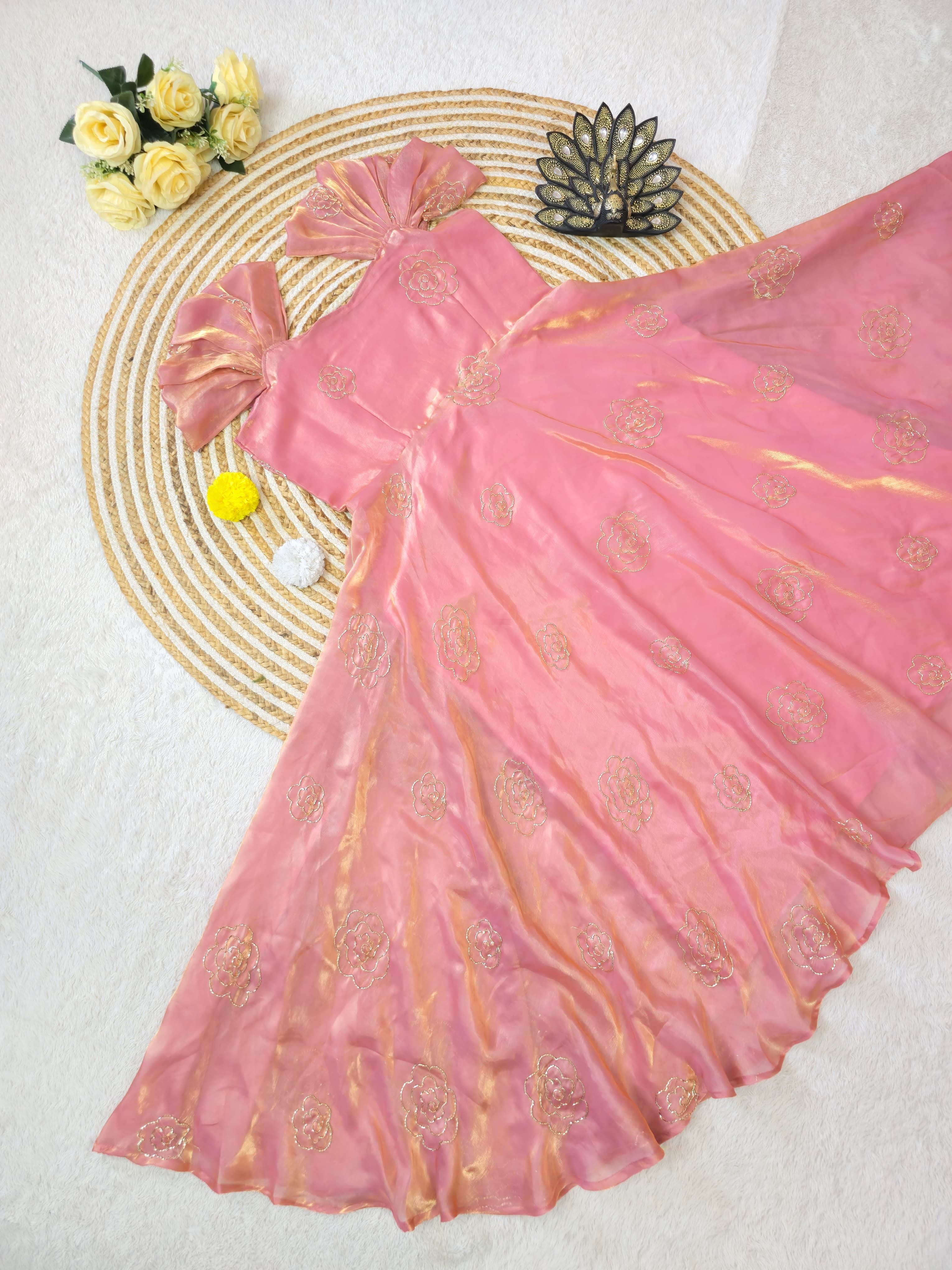  Light Pink dress with gold embroidery work 