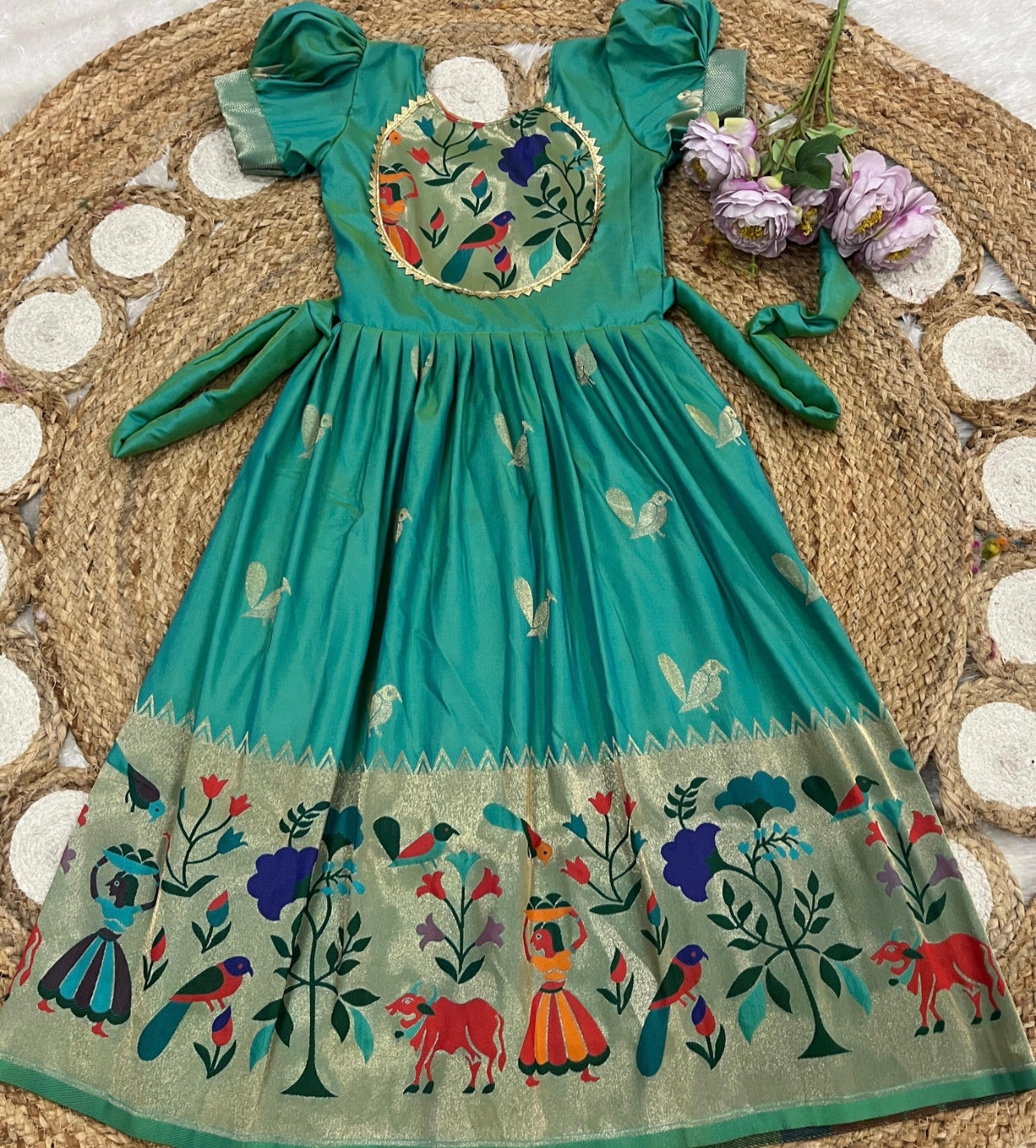 Rama Green dress with floral and animal patterns on a woven mat