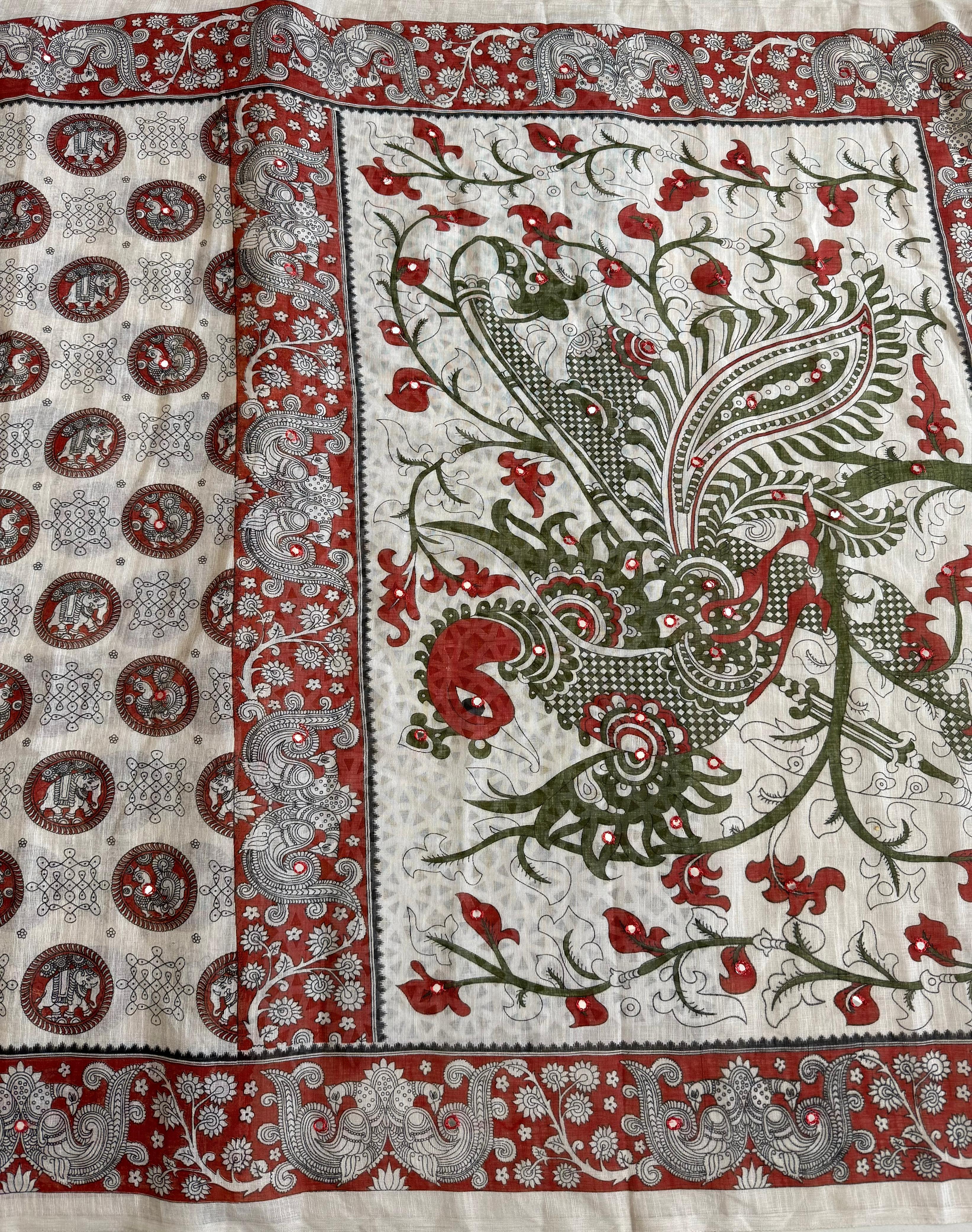 Decorative Beige fabric with intricate patterns and colors on a white background