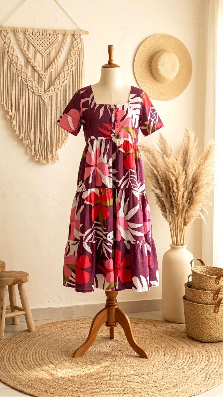 Wine colour frock with some floral patterns