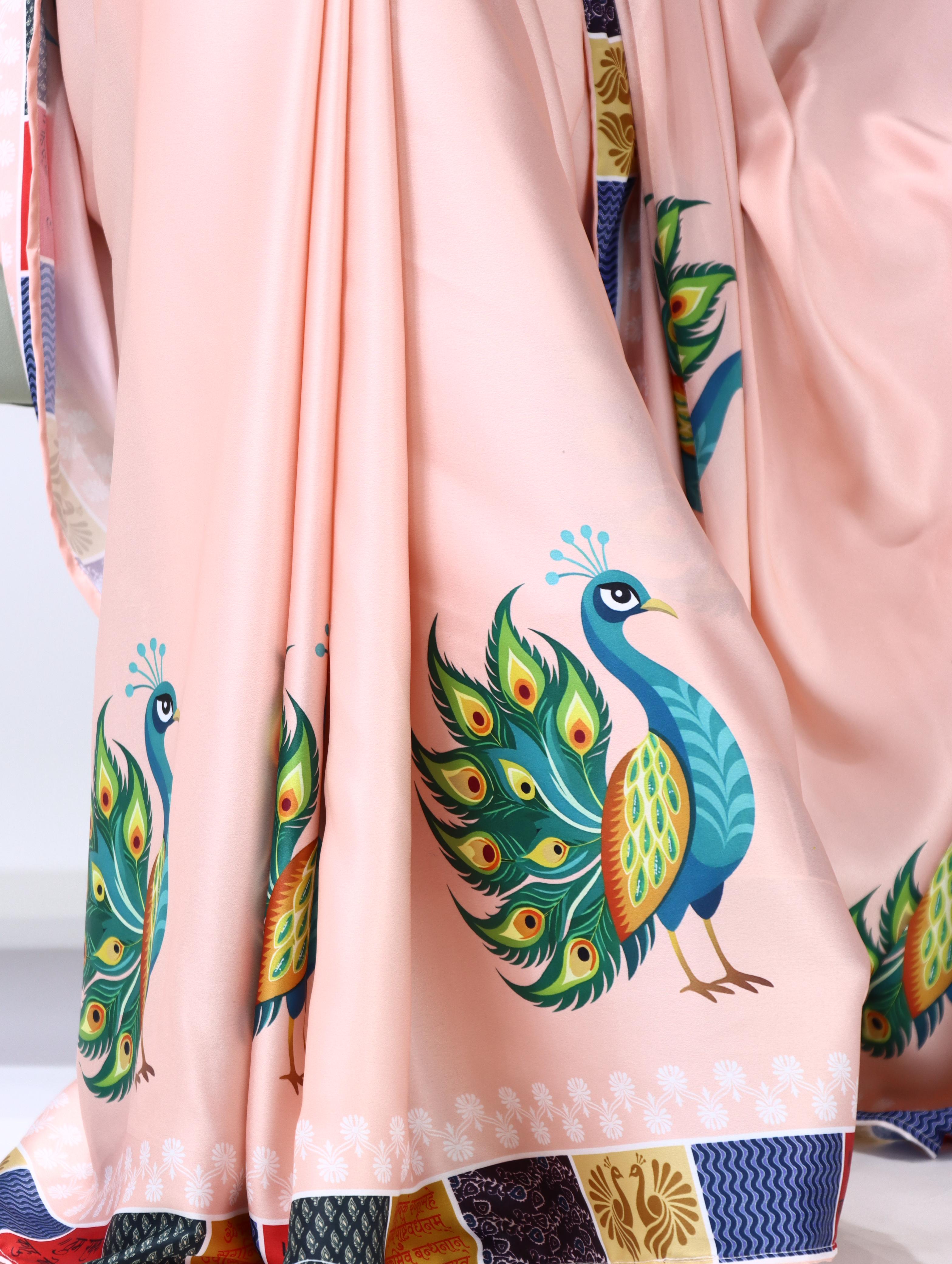 Pastel pink fabric with peacock designs and patterns