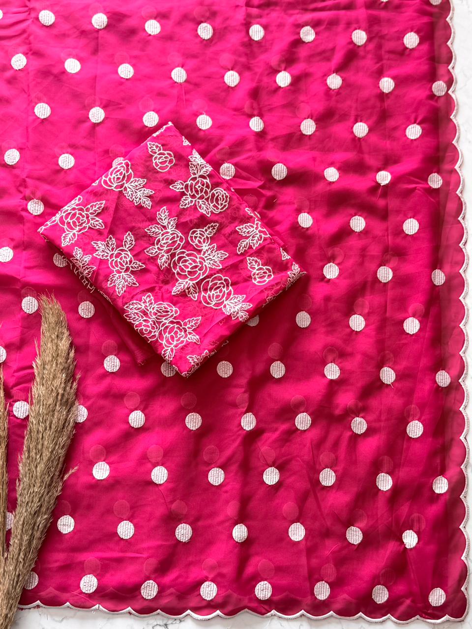 Cherry Pink with white dots and embroidered floral patterns 