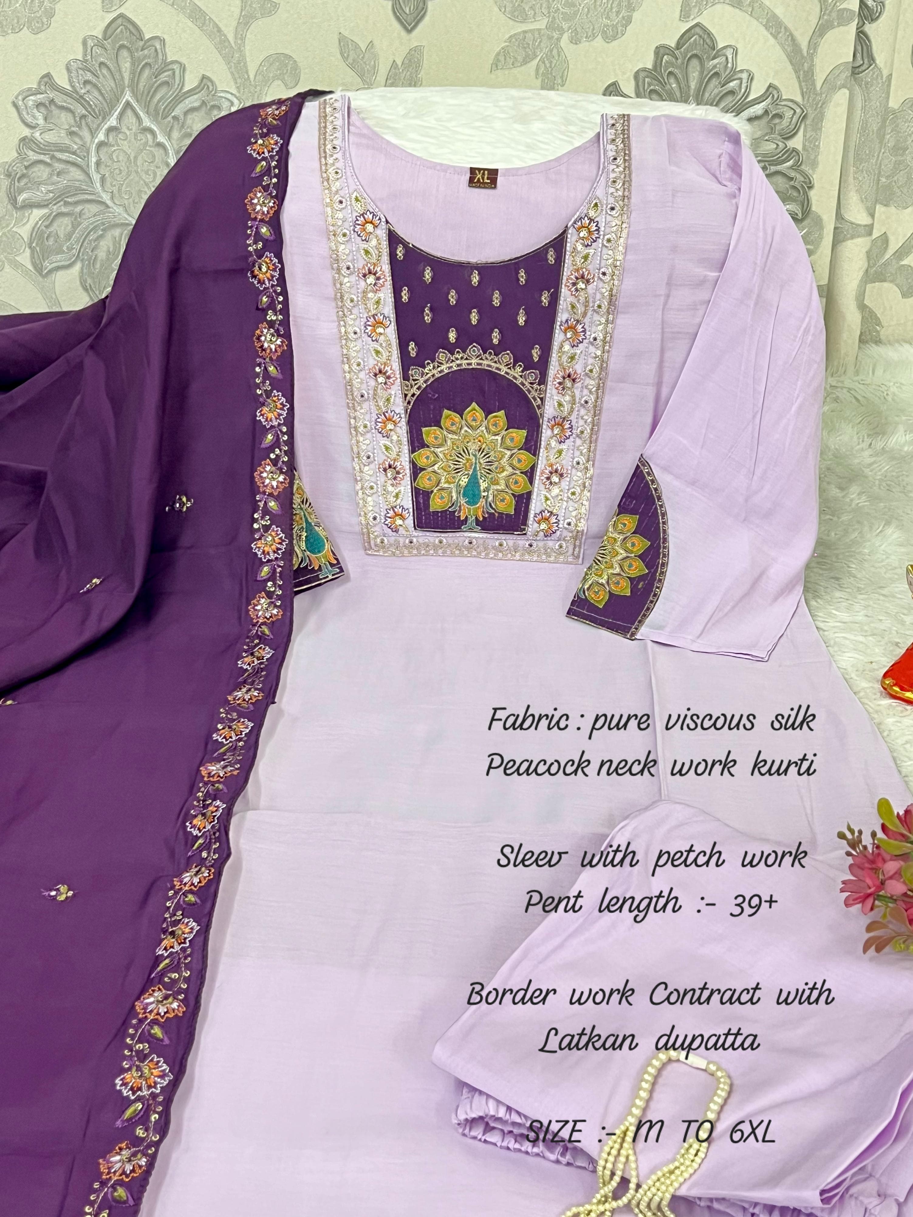 Lavender embroidery kurti with text on a patterns background