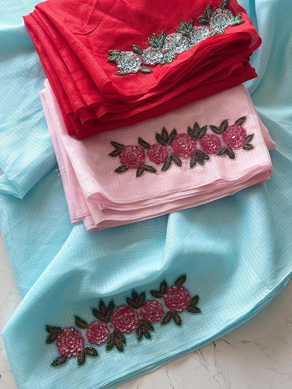 Red, sky blue, baby pink