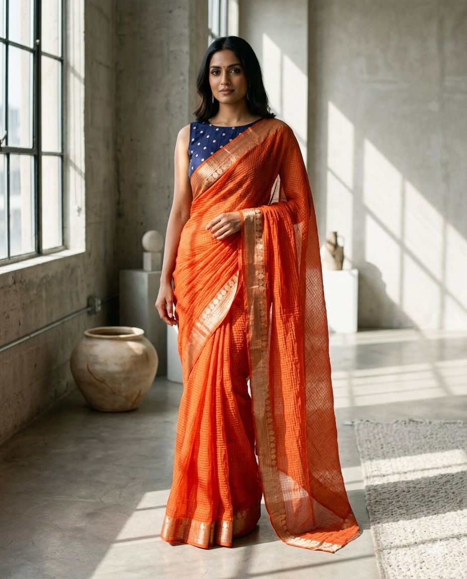 Woman in an orange saree with a blue blouse standing in a sunlit room.