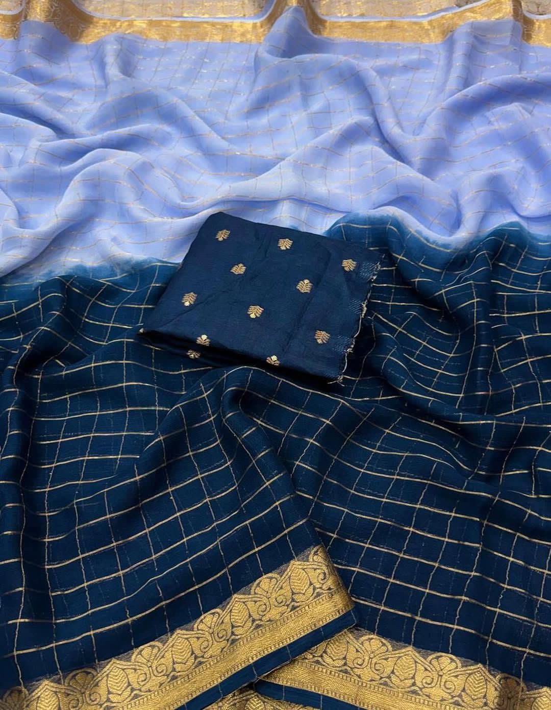 Sky Blue & Navy blue saree with gold patterns 