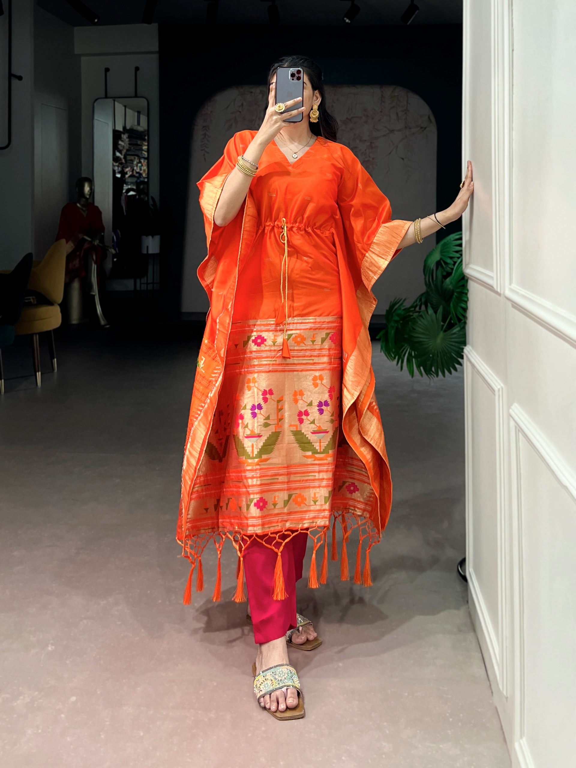 orange embroidered kurta with gold border 