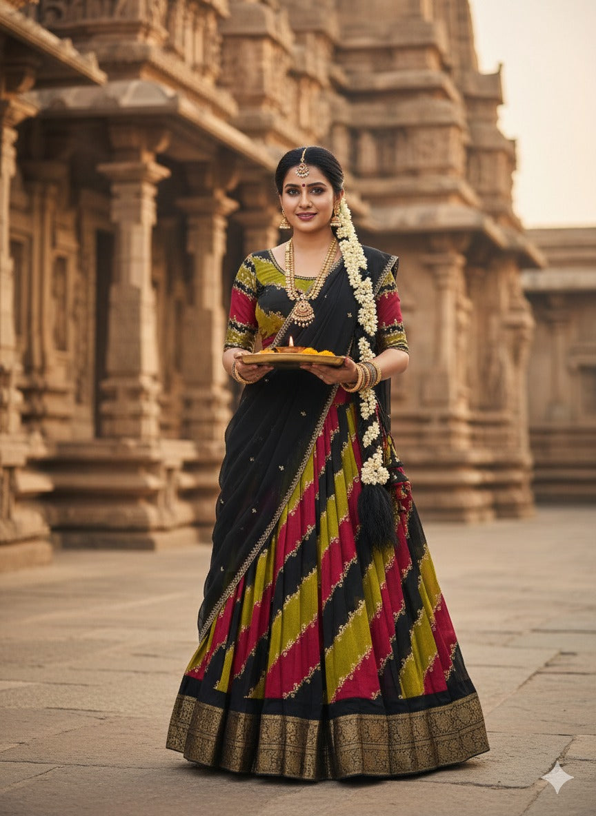 Woman in multicolor traditional attire standing in front of architectural ruins