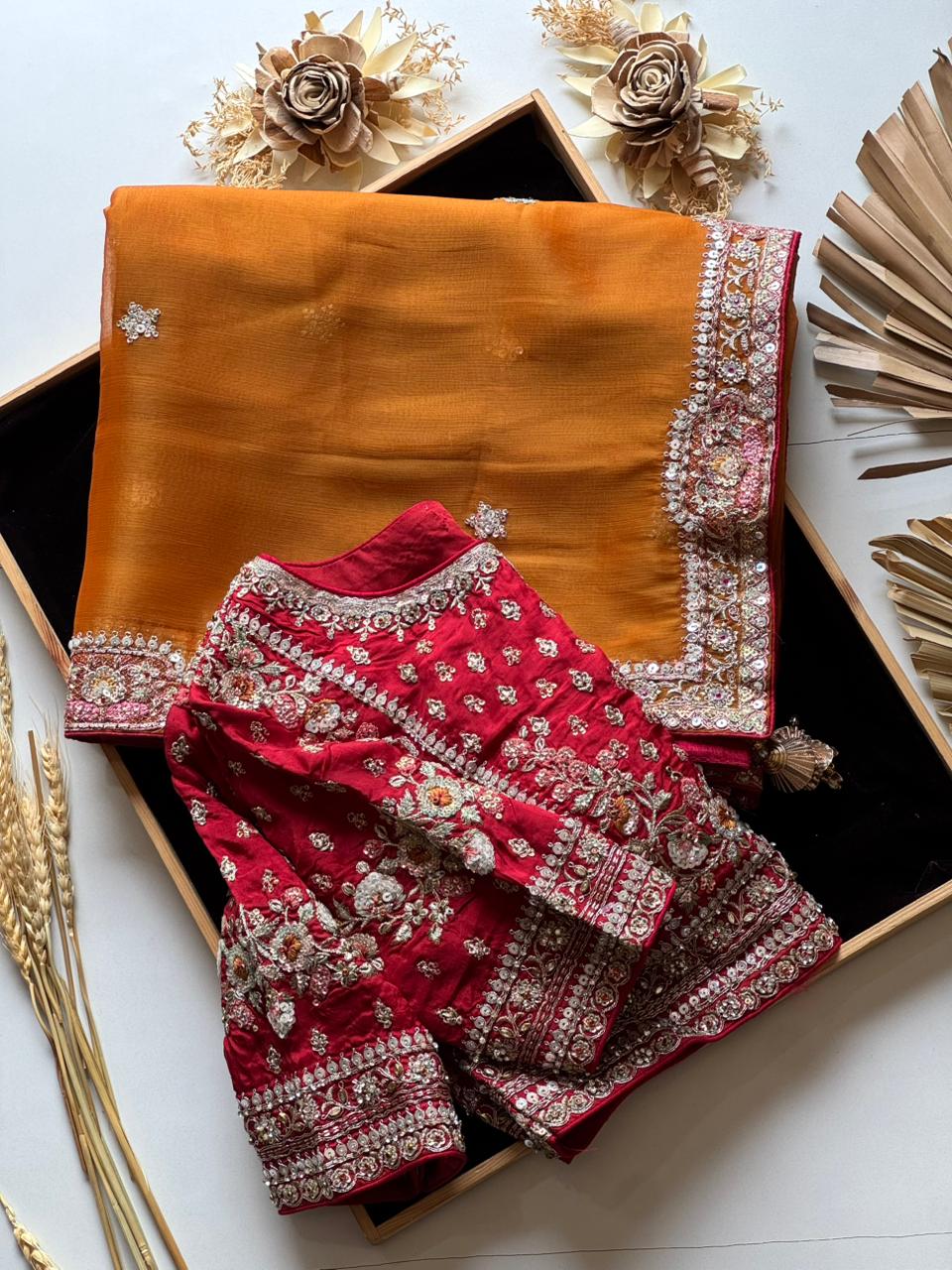Mustard Yellow fabric with Red blouse 