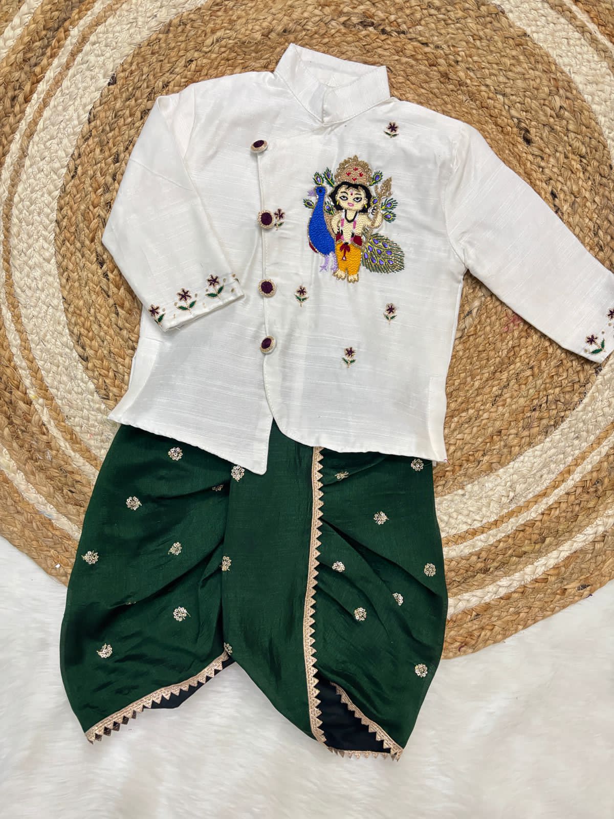 White and bottle Green dhoti set 
