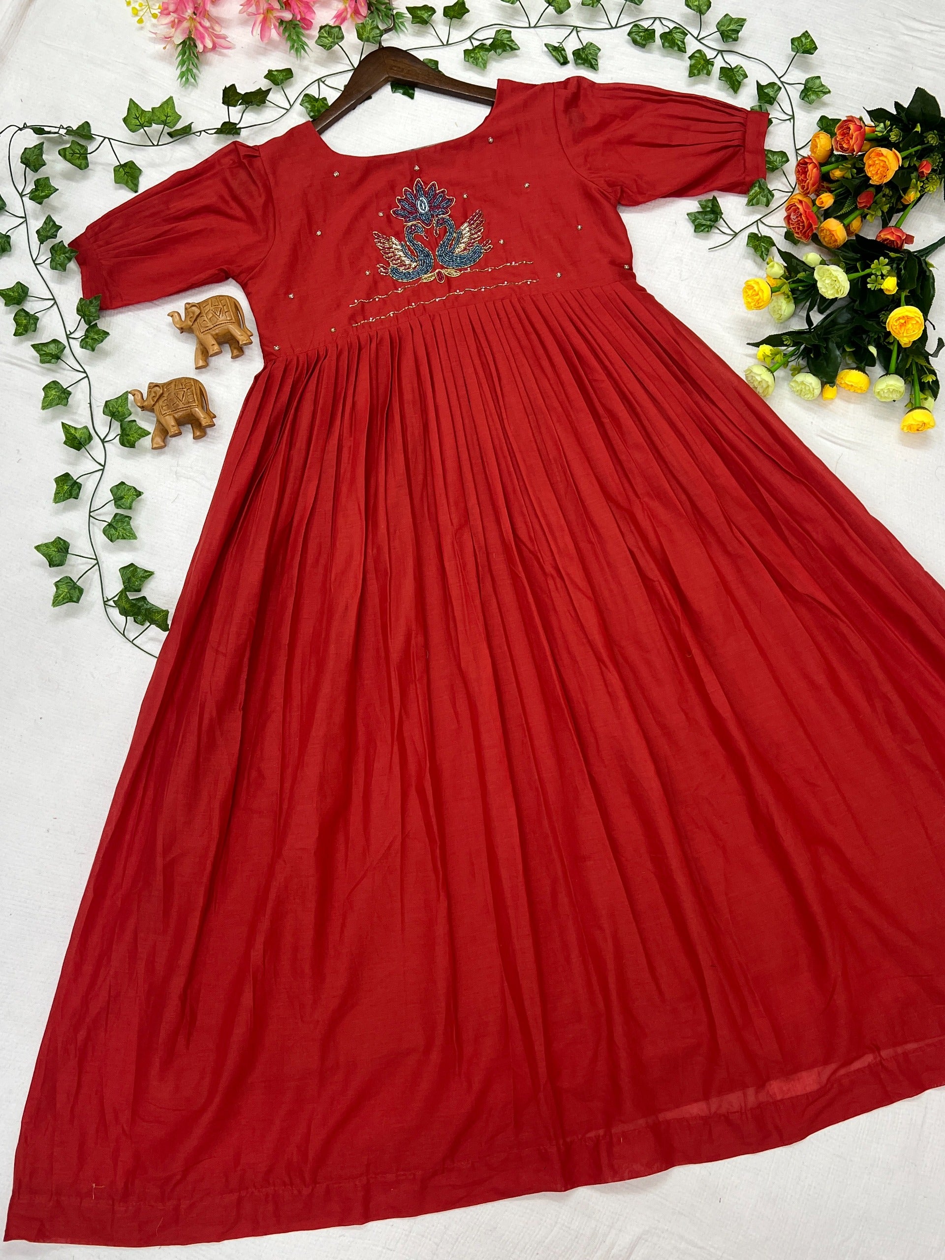 Red dress with floral embroidery work