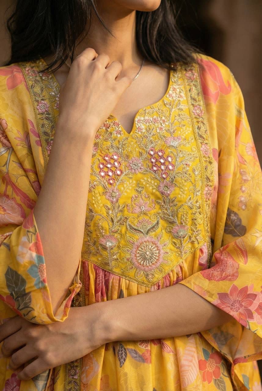 Woman wearing a yellow floral dress with a close-up of the fabric.