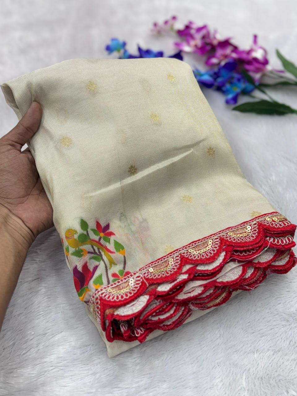 White saree with floral patterns 