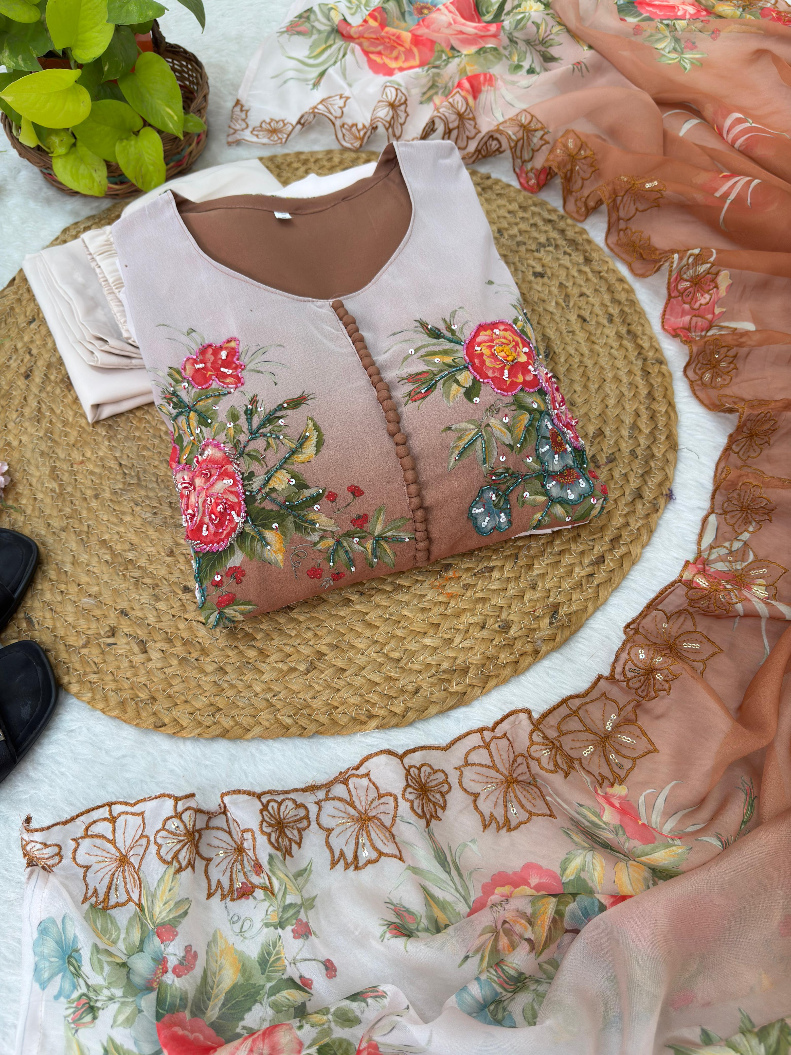 White and brown dress with floral patterns on a woven mat