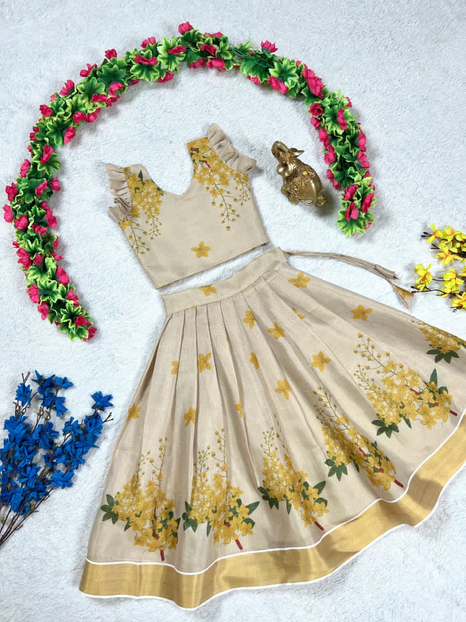 Beige lehanga with gold floral patterns