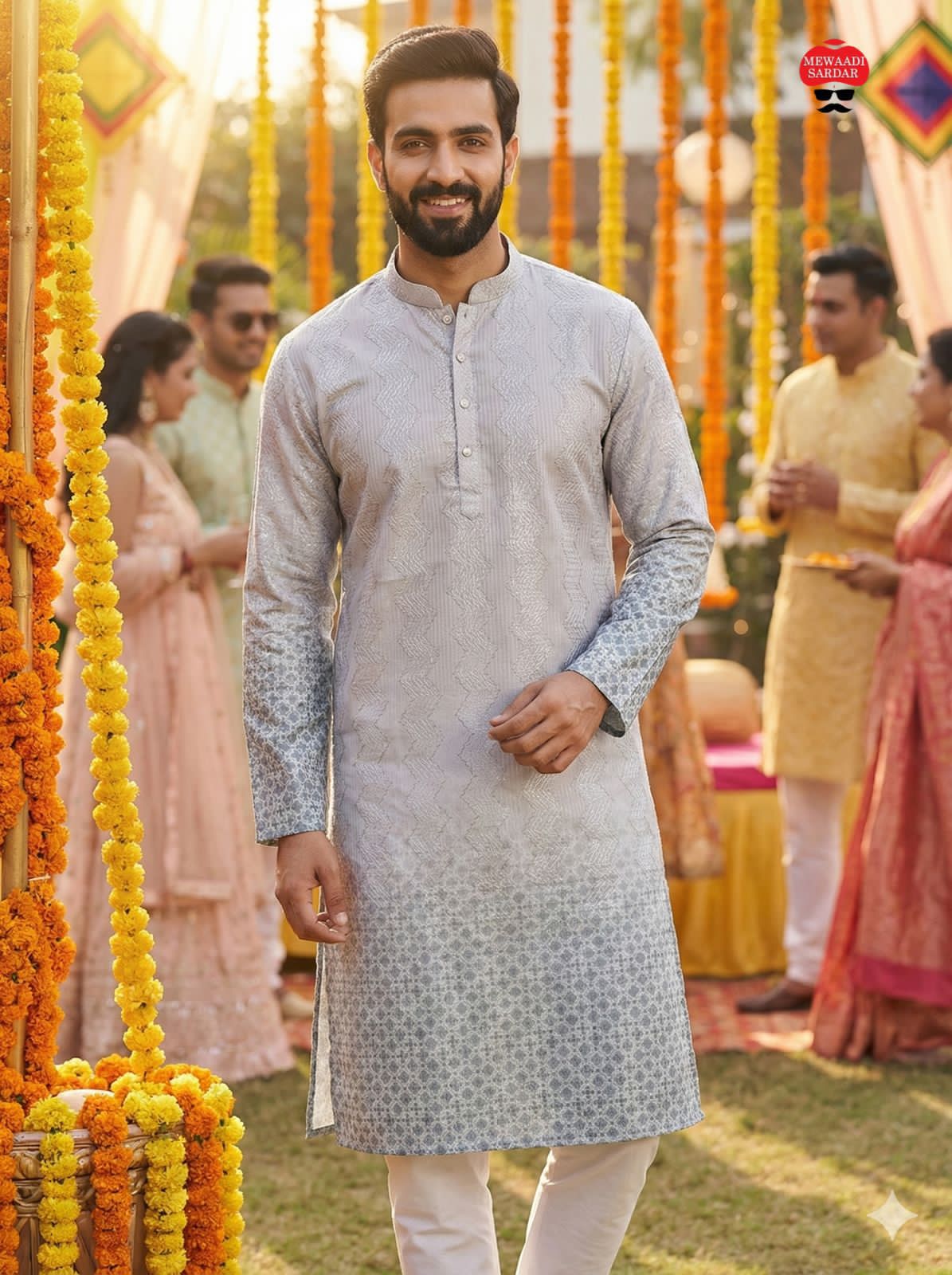 Man in a light gray kurta with white pants standing in a decorated outdoor setting with people in the background.
