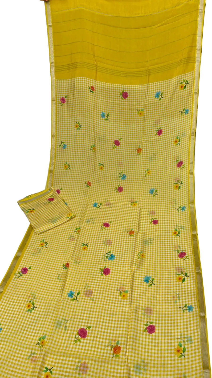 Yellow 2 colour Mangalagiri checks and floral saree