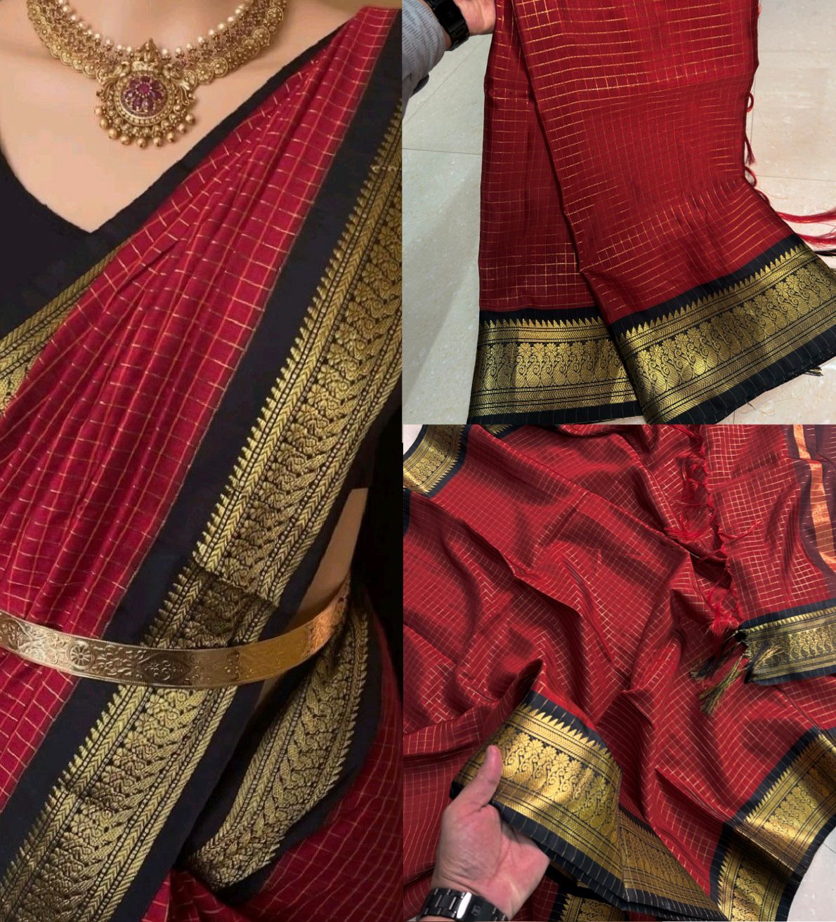 Red saree with black and gold border worn and displayed on a mannequin.