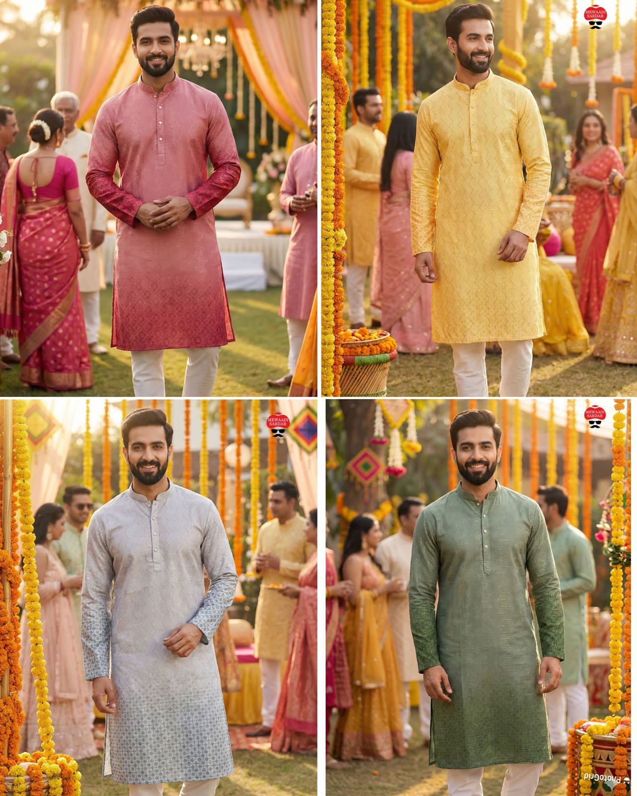 Pink, Yellow, Gray, Olive Green Four images of a man in traditional Indian attire with a festive background