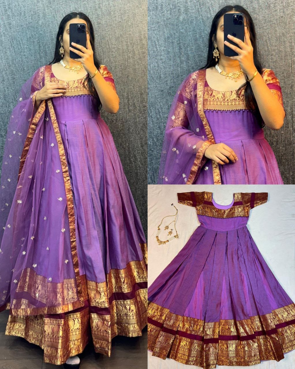 Lavender traditional outfit with gold details worn by a person, displayed on a gray background