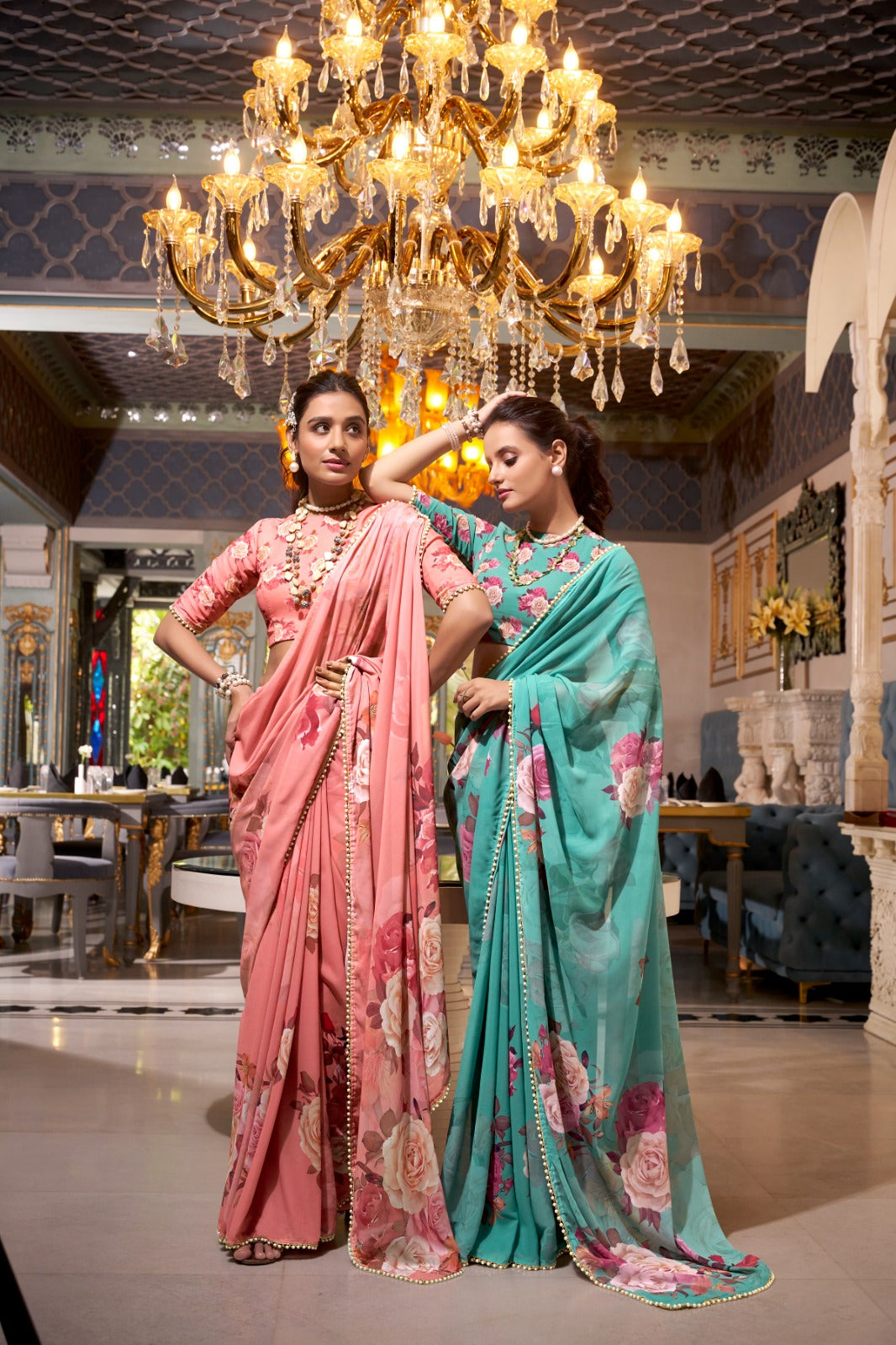Peach and Rama Green sarees