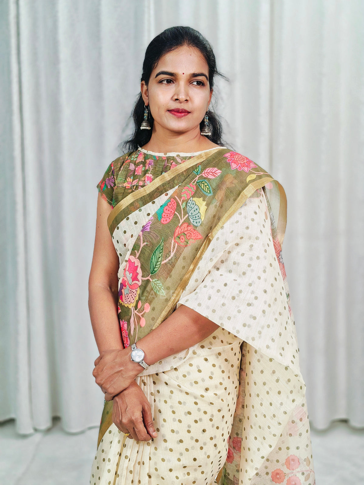 Green Linen digital print saree with matching stitched blouse