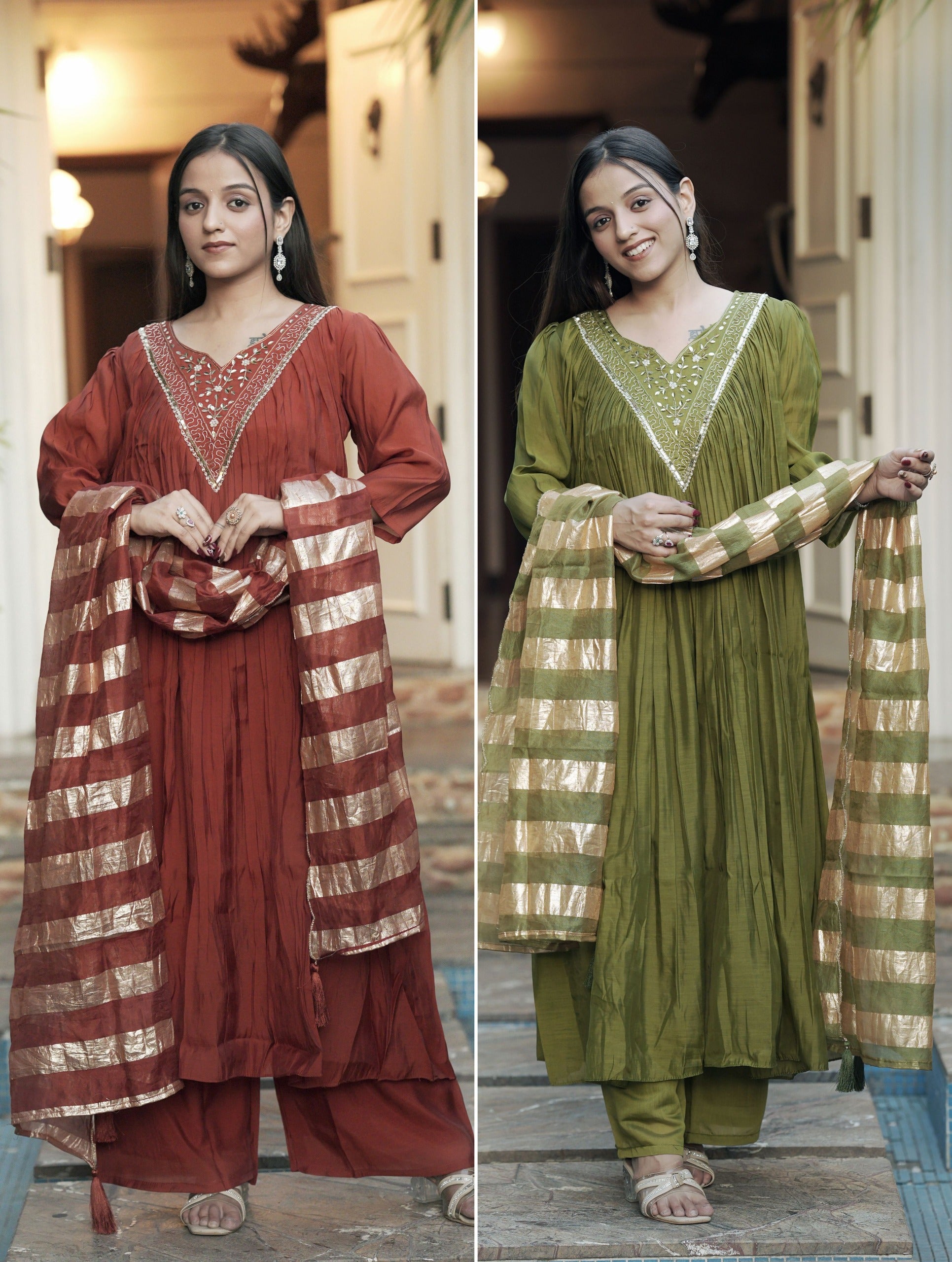 Maroon and green dresses 