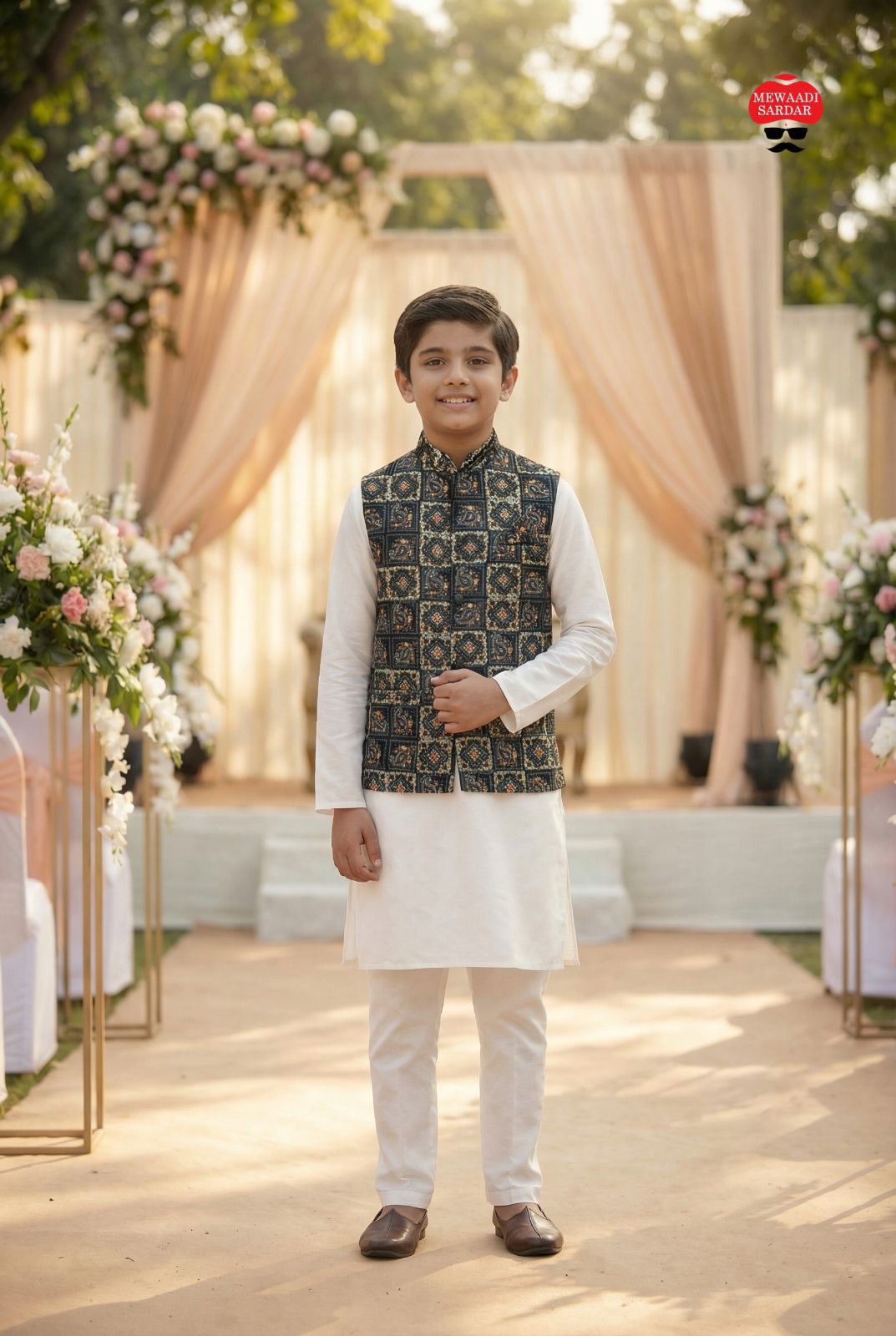 Young boy in black traditional attire standing in front of a decorated outdoor setting with flowers and drapes.