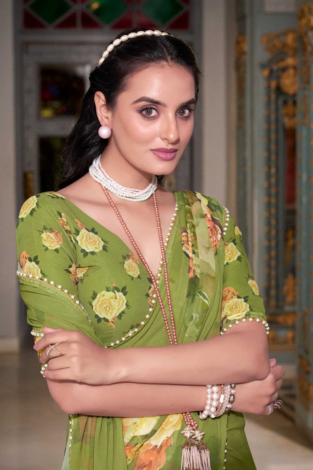 Parrot green saree with floral patterns