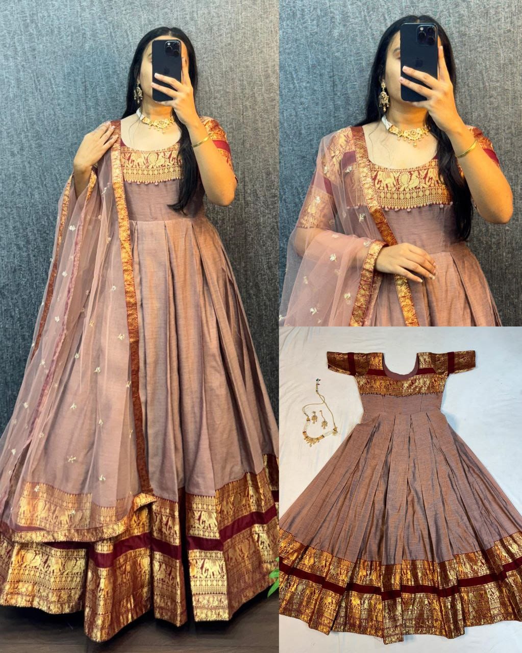 Onion pink Traditional outfit with gold details on a plain background