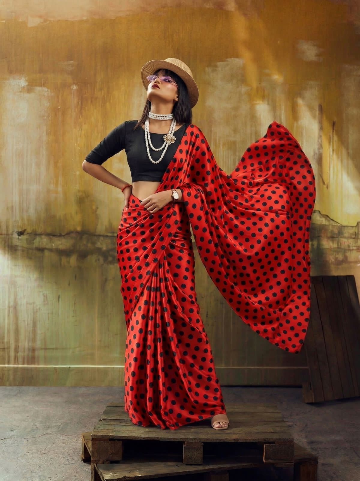 red polka dot saree