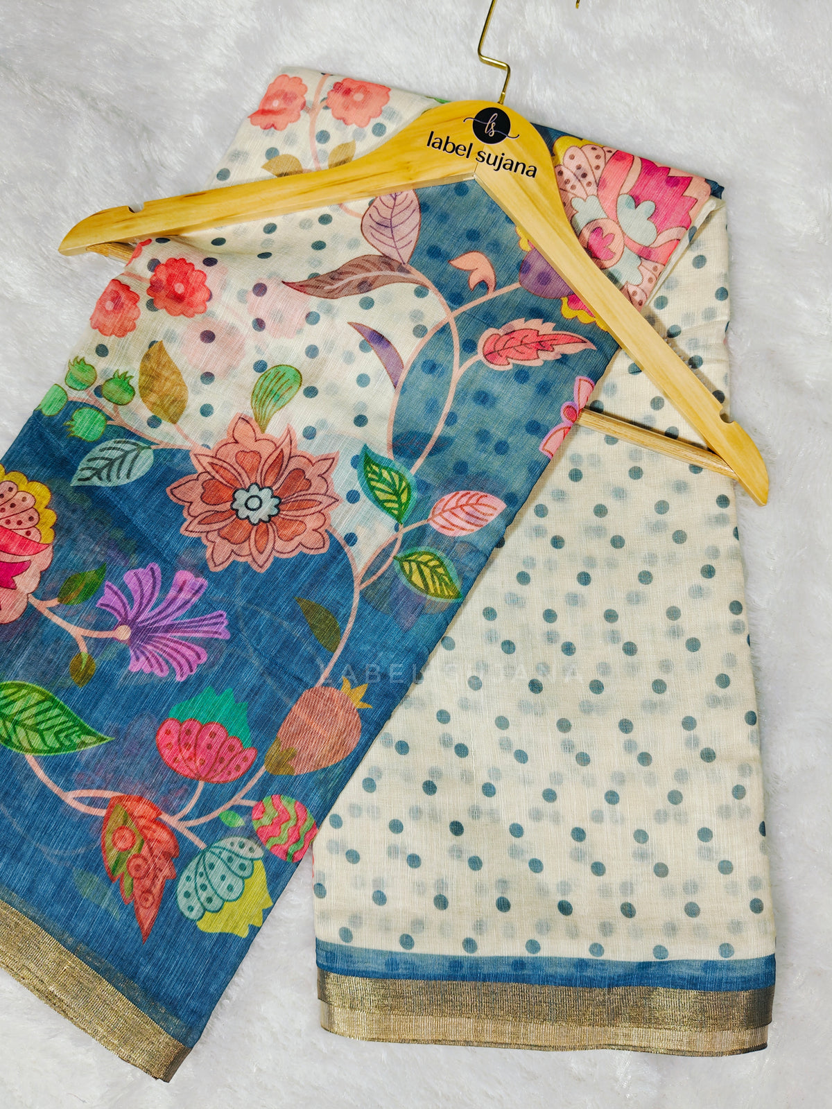 Blue Linen digital print saree with matching stitched blouse
