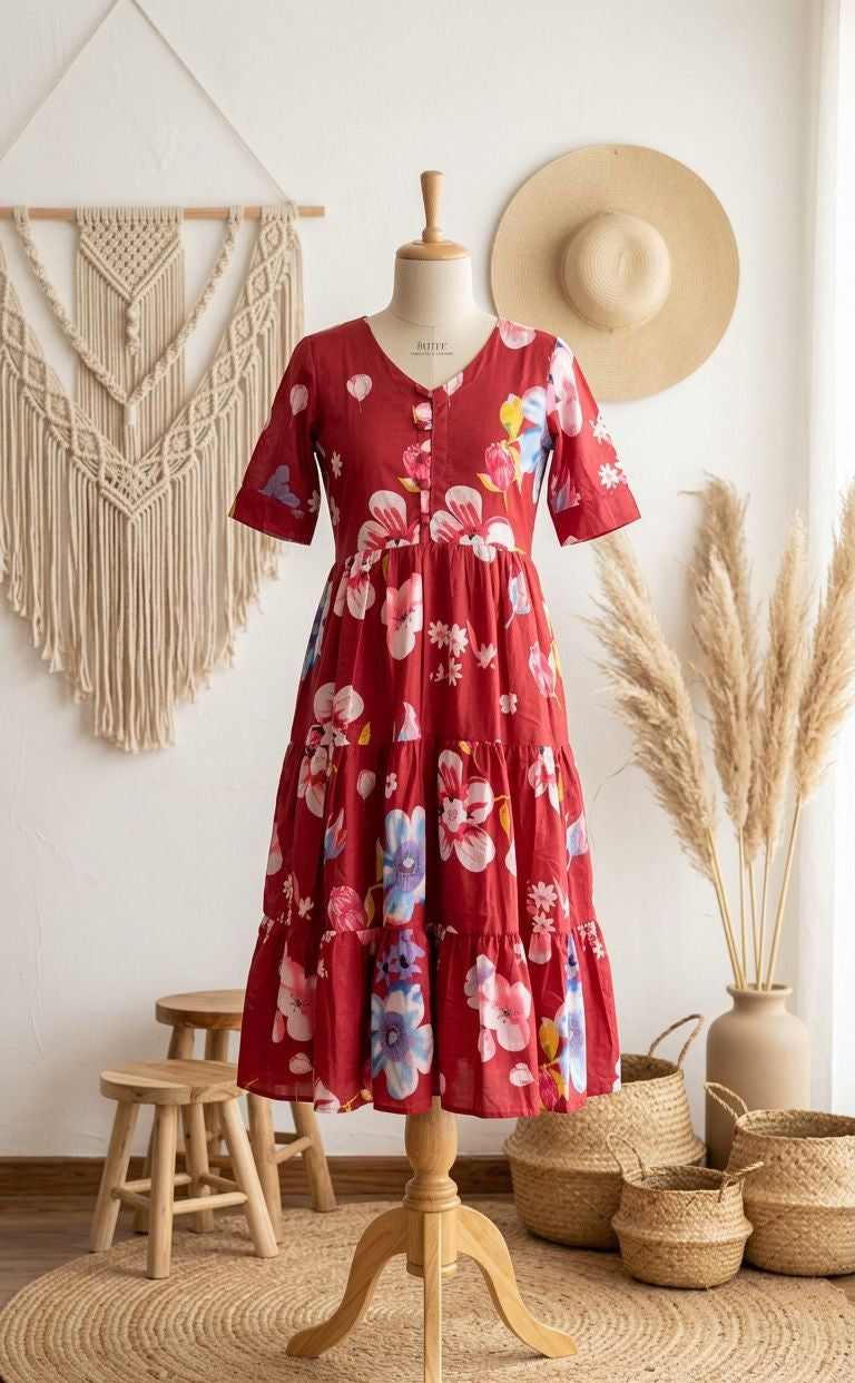 Red frock with some floral patterns 